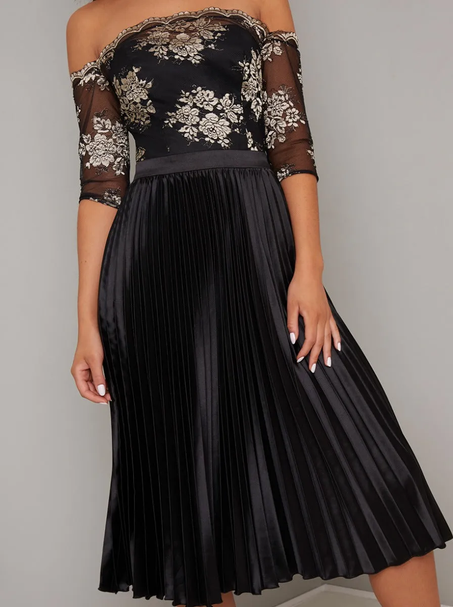 Bardot Metallic Lace Pleat Midi Dress in Black sold by Chi Chi London product image thumbnail 2