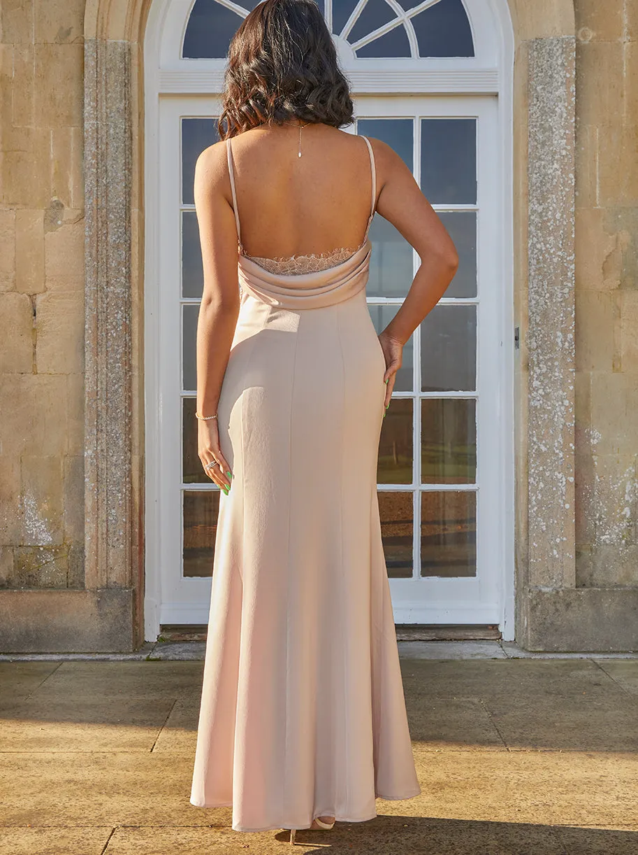 Satin Lace Insert Ruched Maxi Dress in Champagne sold by Chi Chi London product image thumbnail 5