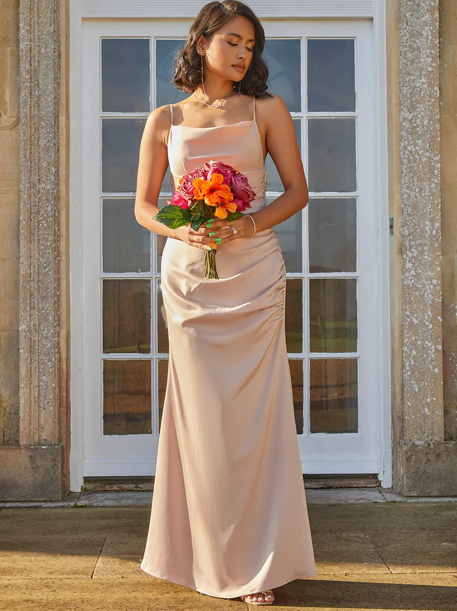 Satin Lace Insert Ruched Maxi Dress in Champagne sold by Chi Chi London product image thumbnail 3