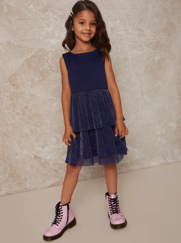 Girls Glitter Tiered Midi Dress in Navy sold by Chi Chi London