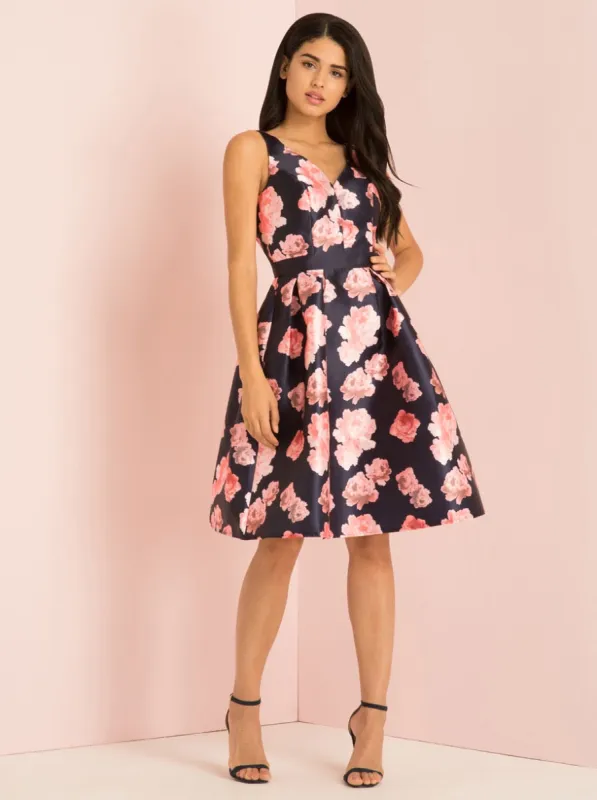 Plunge Front Open Back Midi Floral Dress in Blue sold by Chi Chi London