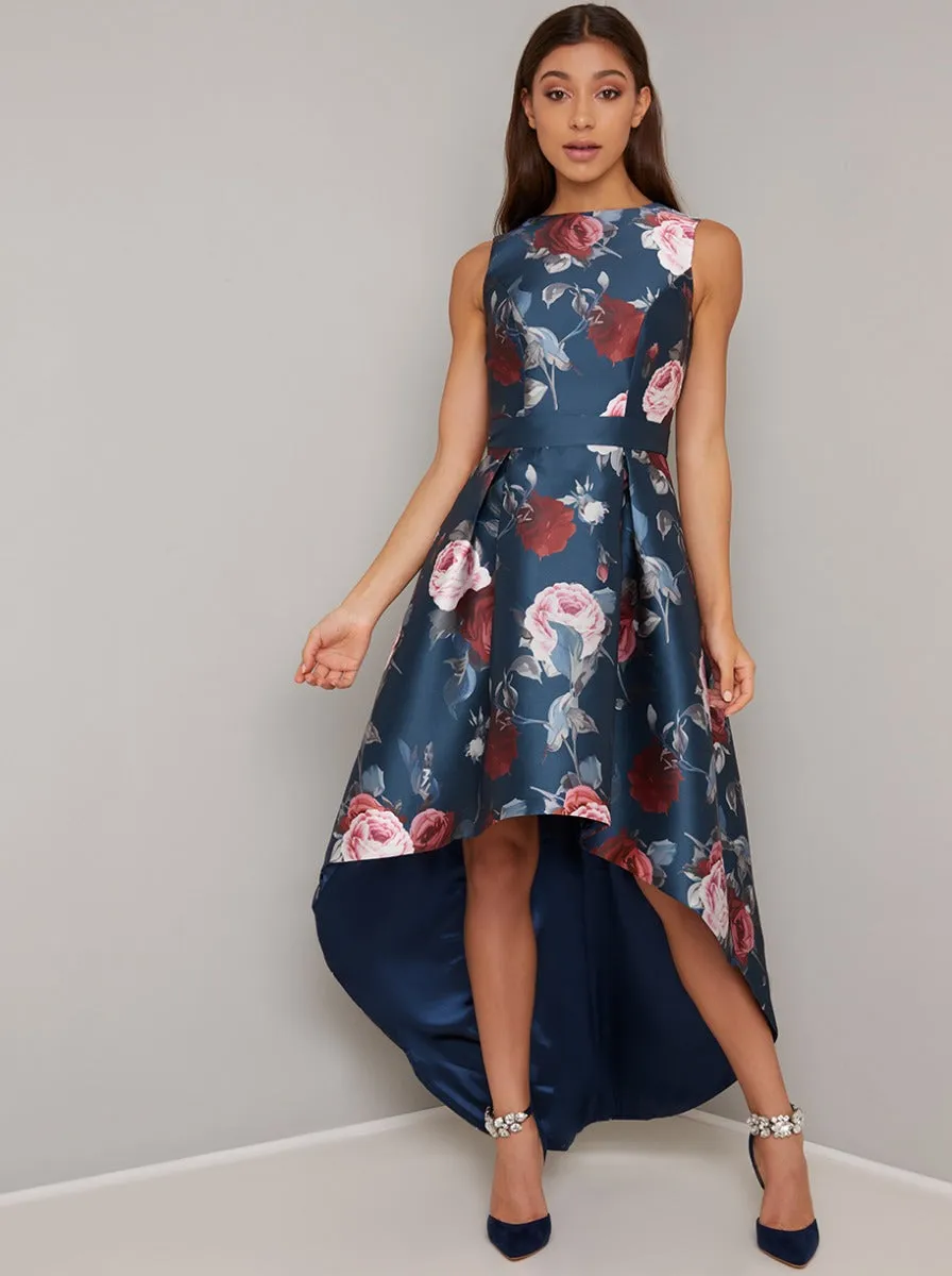 Floral Print Dip Hem Midi Dress in Navy Blue sold by Chi Chi London