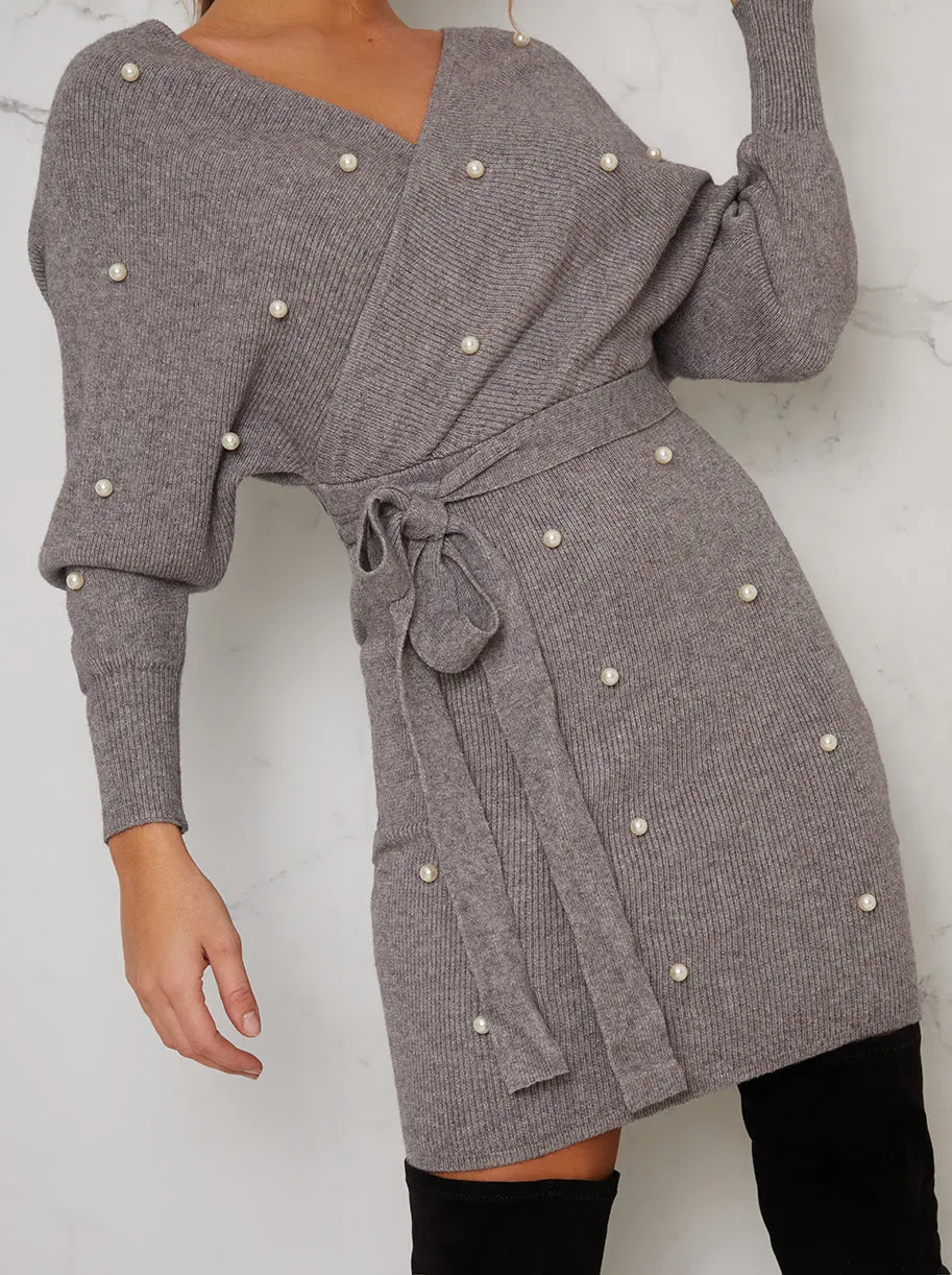 Knitted Wrap Style Pearl Jumper Dress in Grey sold by Chi Chi London product image thumbnail 3