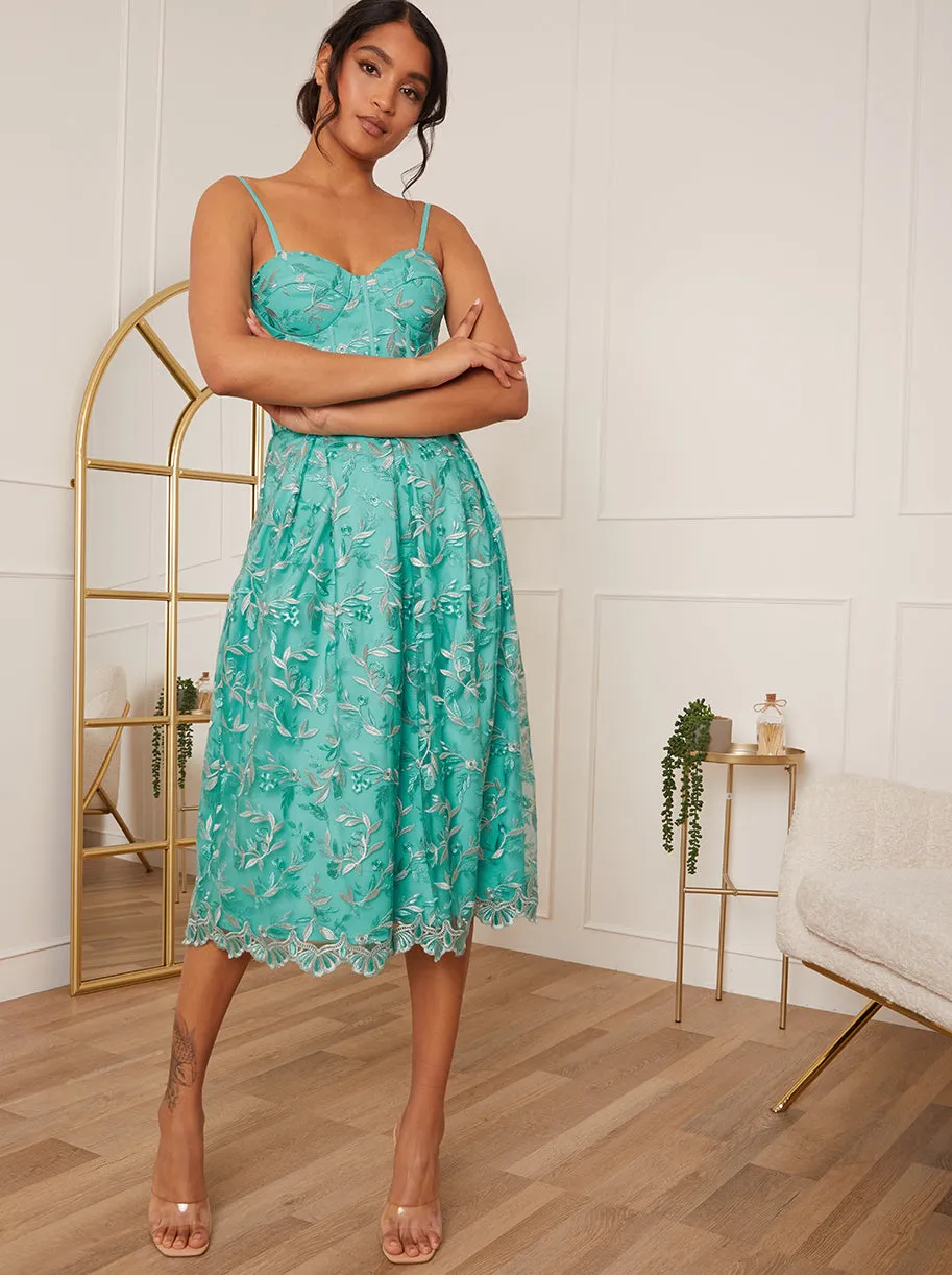 Embroidered Midi Dress with Detachable Straps in Green sold by Chi Chi London