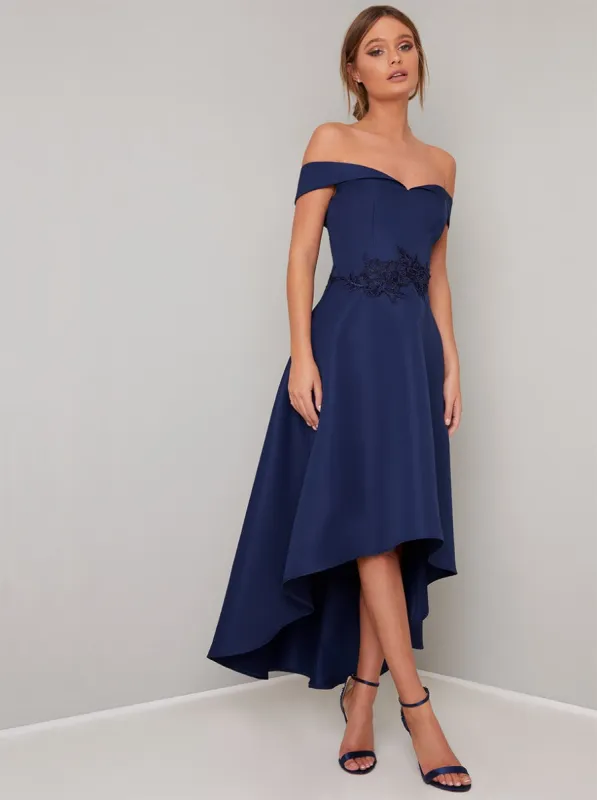 Bardot Dip Hem Lace Midi Dress in Navy sold by Chi Chi London