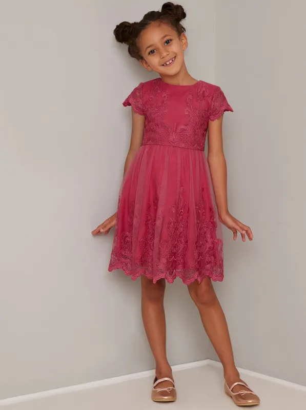 Girls Cap Sleeve Lace Midi Dress in Fuschia sold by Chi Chi London