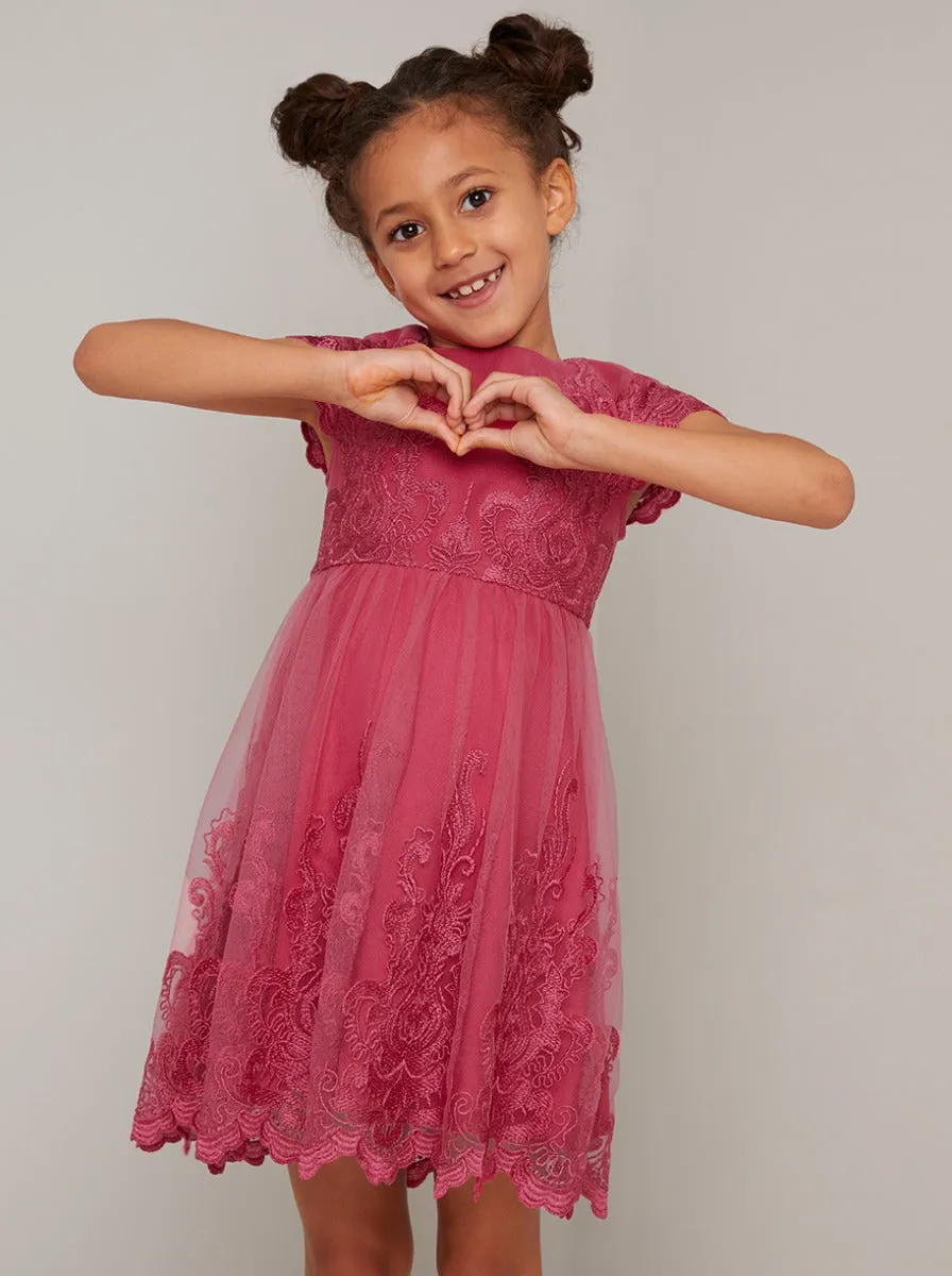 Girls Cap Sleeve Lace Midi Dress in Fuschia sold by Chi Chi London product image thumbnail 2