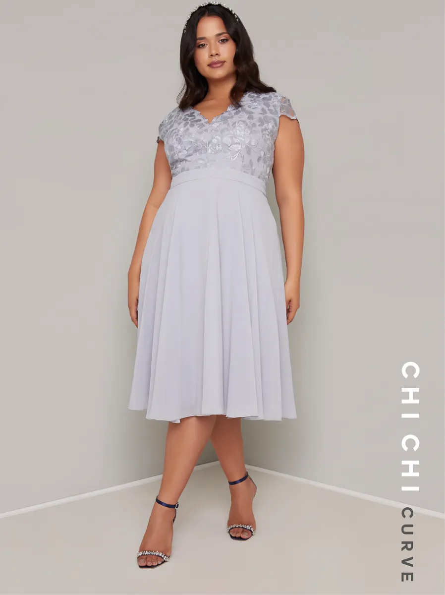 Plus Size Embroidered Lace Bodice Midi Dress in Blue sold by Chi Chi London