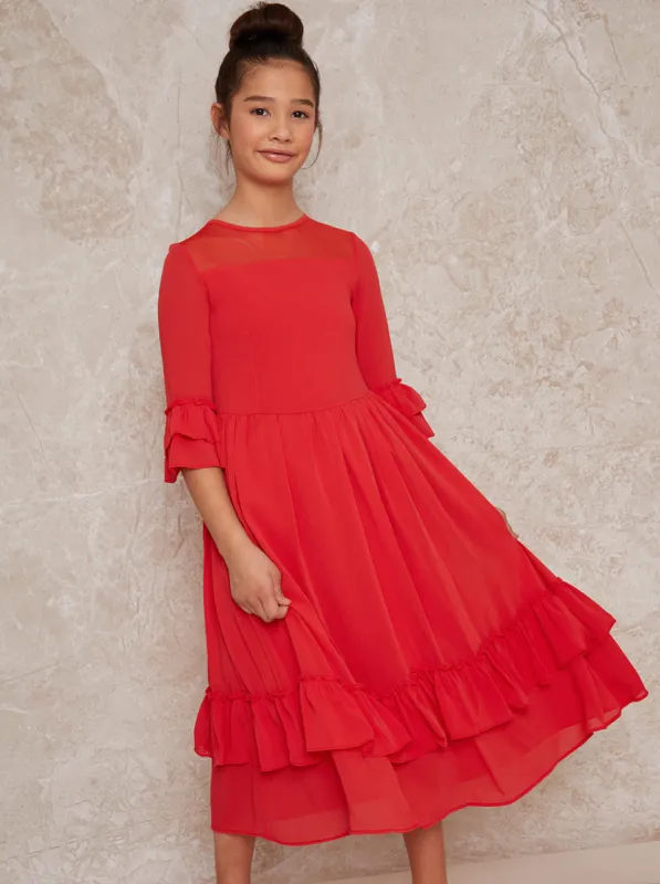 Girls Ruffle Hem Dress in Red sold by Chi Chi London
