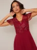 V Neck Embroidered Midi Dress in Red sold by Chi Chi London