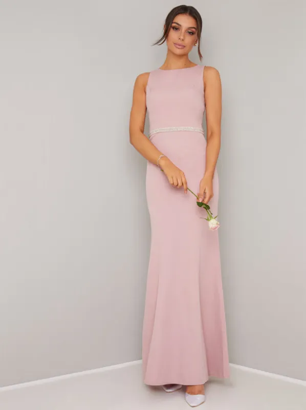 Open Back Diamante Waist Maxi Dress in Pink sold by Chi Chi London