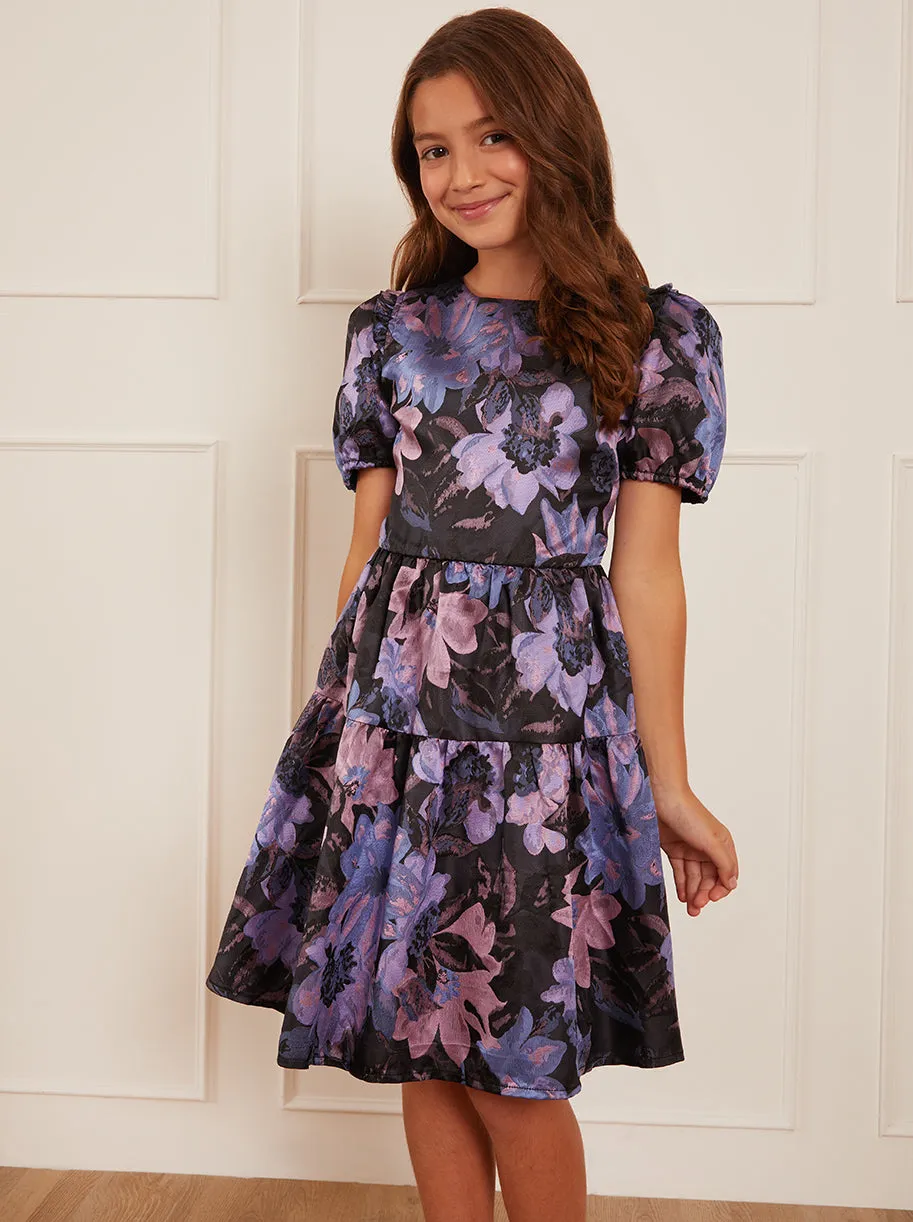 Older Girls Short Sleeve Floral Midi Dress in Purple sold by Chi Chi London