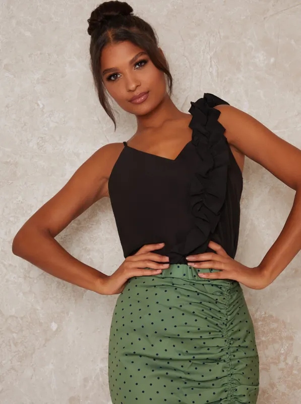 Ruffle Cami Top in Black sold by Chi Chi London