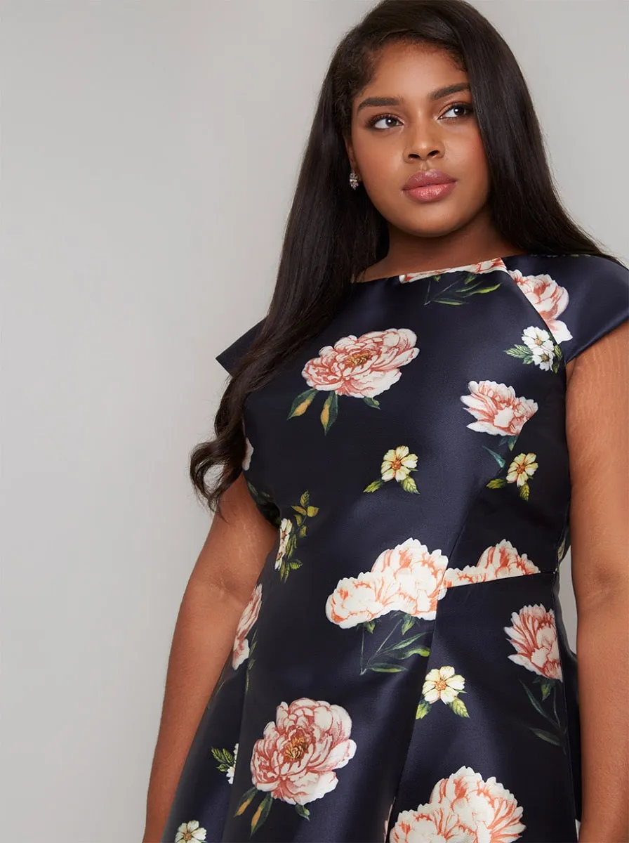 Plus Size Floral Print Dip Hem Midi Dress in Navy sold by Chi Chi London product image thumbnail 2