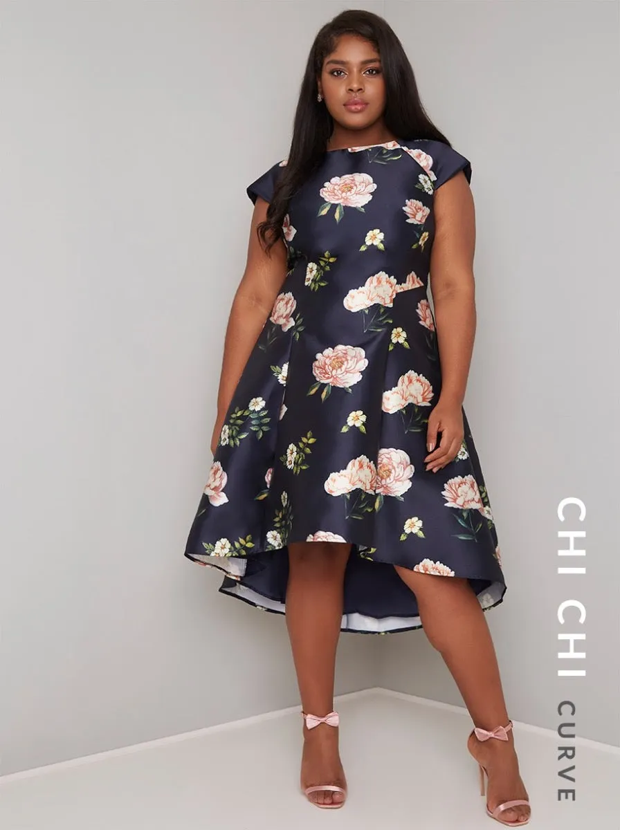 Plus Size Floral Print Dip Hem Midi Dress in Navy sold by Chi Chi London product image thumbnail 3