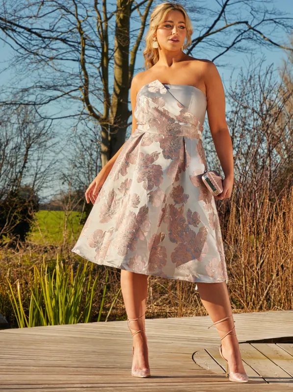 Plus Size Bandeau Floral Jacquard Midi Dress in Silver made by Chi Chi London