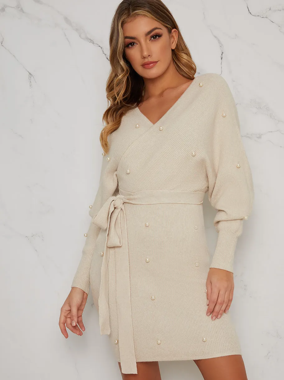 Knitted Wrap Style Pearl Jumper Dress in Cream sold by Chi Chi London product image thumbnail 2