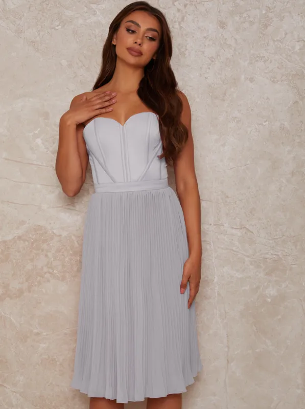 Corset Pleated Skirt Midi Dress in Blue sold by Chi Chi London