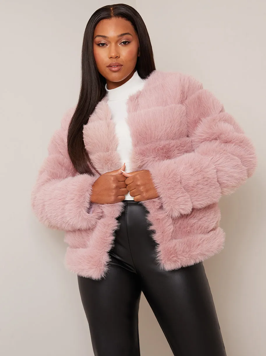Faux Fur Stripe Jacket in Pink sold by Chi Chi London