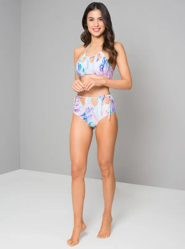 Marble Print Cut Out Bikini Top in Multi sold by Chi Chi London