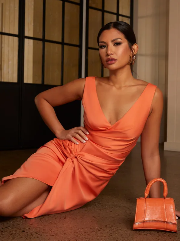 V Neck Wrap Style Bodycon Dress in Orange sold by Chi Chi London