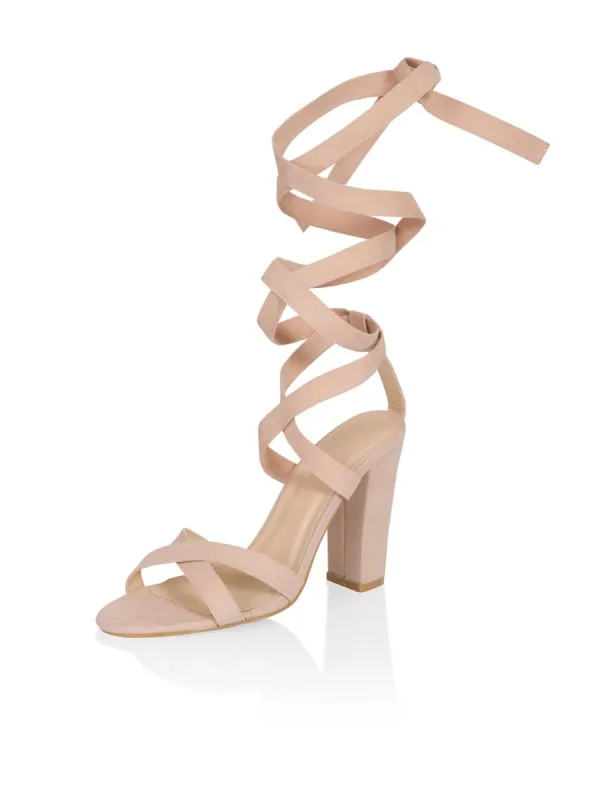 Block Heel Lace Up Detail Sandals in Beige sold by Chi Chi London