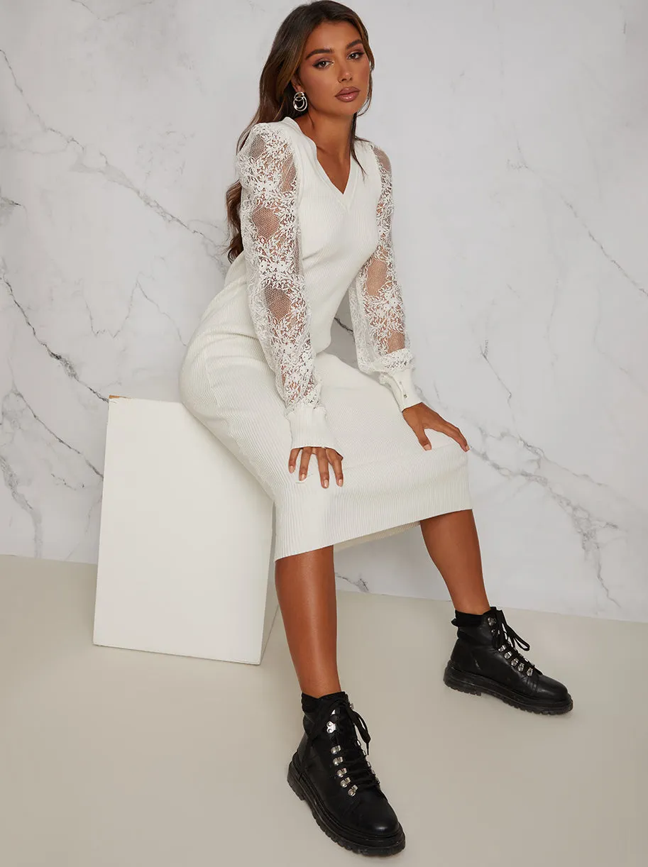 Lace Sleeve Knitted Midi Dress in White sold by Chi Chi London product image thumbnail 4