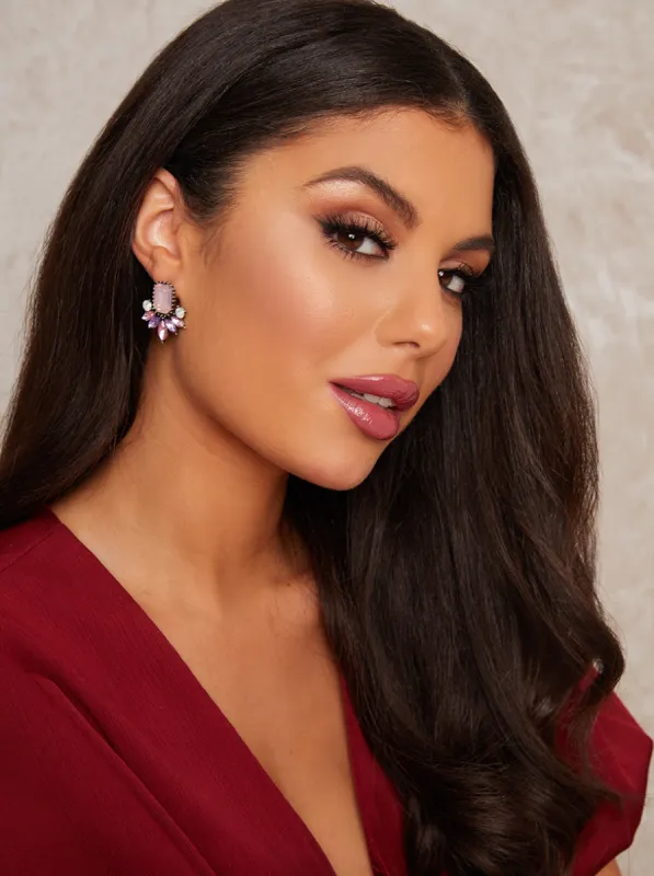 Jewelled Drop Stud Earrings in Pink sold by Chi Chi London