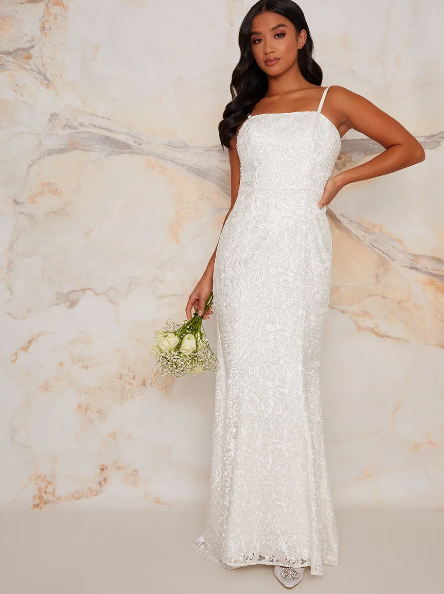 Petite Cami Sequin Embellished Wedding Dress in White sold by Chi Chi London
