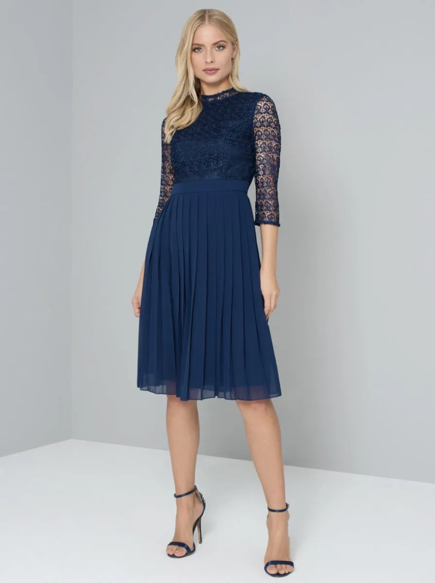 Crochet Bodice Pleated Skater Dress in Navy sold by Chi Chi London product image thumbnail 3