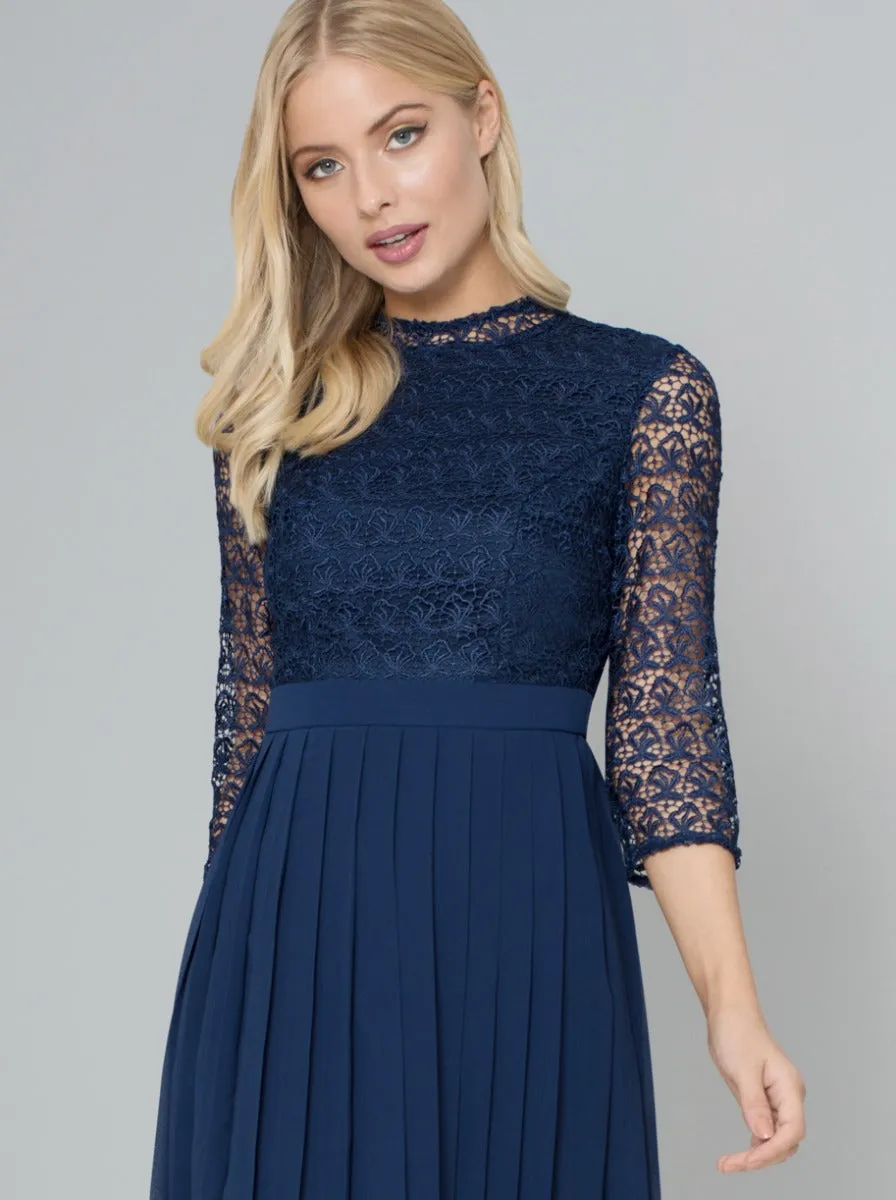 Crochet Bodice Pleated Skater Dress in Navy sold by Chi Chi London product image thumbnail 4