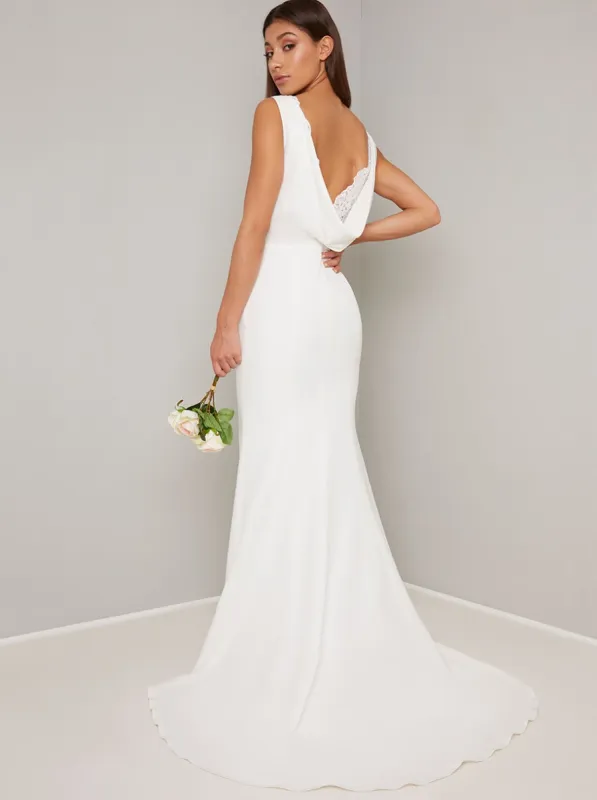 Bridal Cowl Neck Wedding Dress with Lace insert in White sold by Chi Chi London
