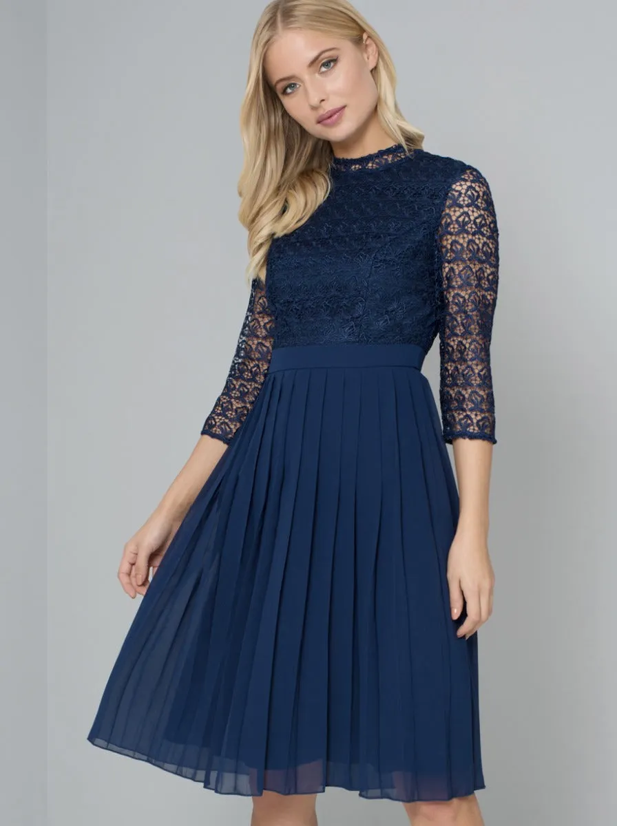 Crochet Bodice Pleated Skater Dress in Navy sold by Chi Chi London