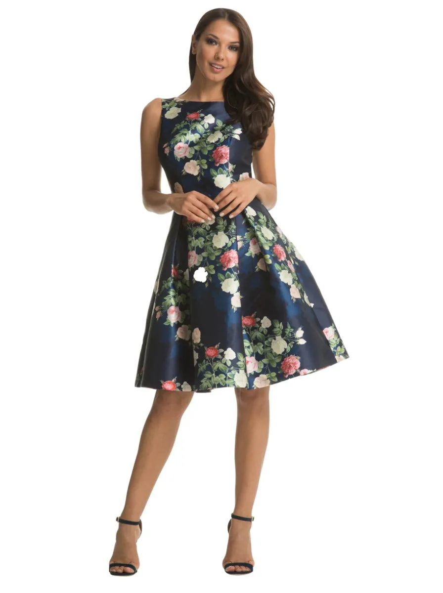 Boat Neck Floral Skater Dress in Navy sold by Chi Chi London