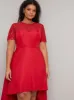 Plus Size Lace Bodice Detail Dip Hem Dress in Red sold by Chi Chi London