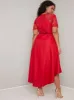 Plus Size Lace Bodice Detail Dip Hem Dress in Red sold by Chi Chi London