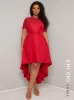 Plus Size Lace Bodice Detail Dip Hem Dress in Red sold by Chi Chi London