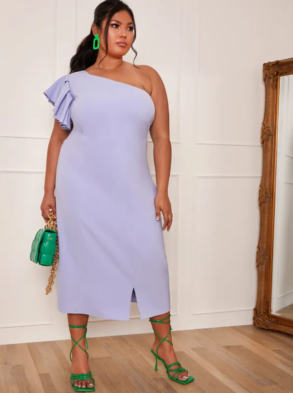 Plus Size Ruffle One Shoulder Midi Dress in Blue sold by Chi Chi London