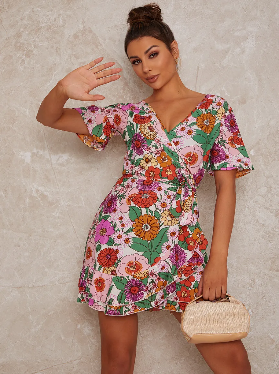 Flutter Sleeve Wrap Floral Print Mini Day Dress in Multi sold by Chi Chi London product image thumbnail 2