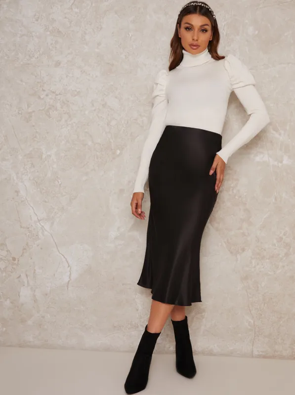 Satin Slip Midi Skirt in Black sold by Chi Chi London