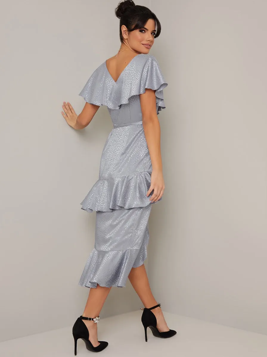 Satin Finish Ruffle Wrap Style Midi Dress in Blue sold by Chi Chi London product image thumbnail 3