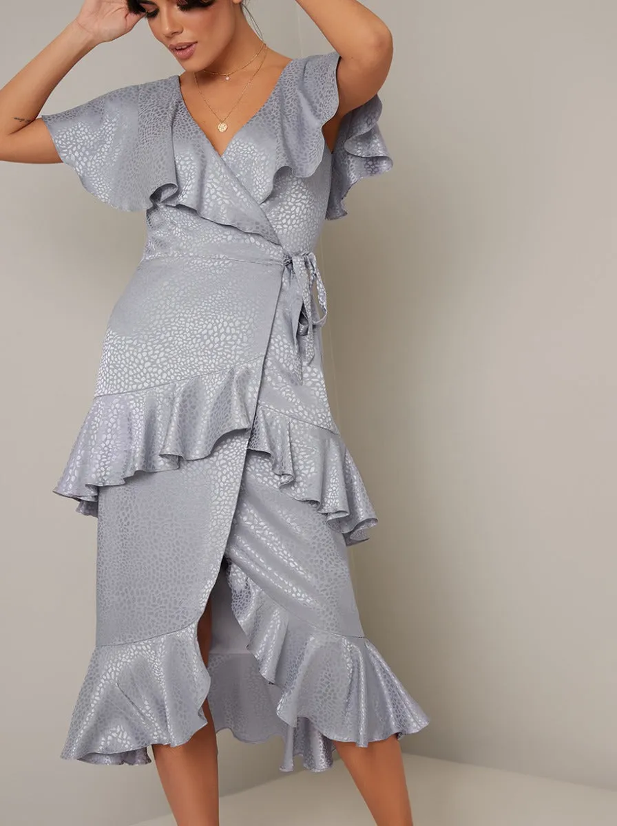Satin Finish Ruffle Wrap Style Midi Dress in Blue sold by Chi Chi London product image thumbnail 4