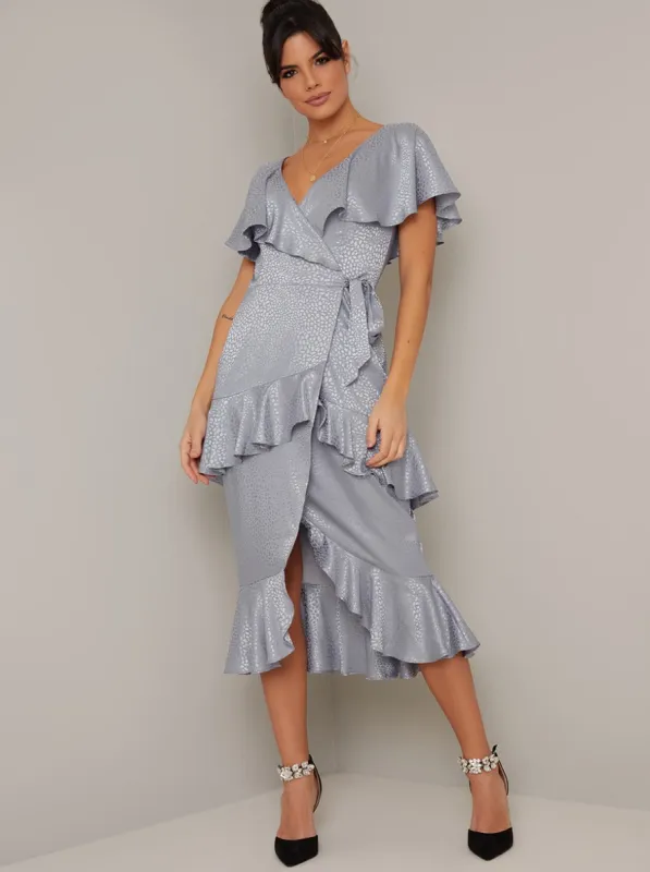 Satin Finish Ruffle Wrap Style Midi Dress in Blue sold by Chi Chi London