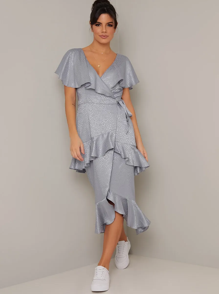 Satin Finish Ruffle Wrap Style Midi Dress in Blue sold by Chi Chi London product image thumbnail 5