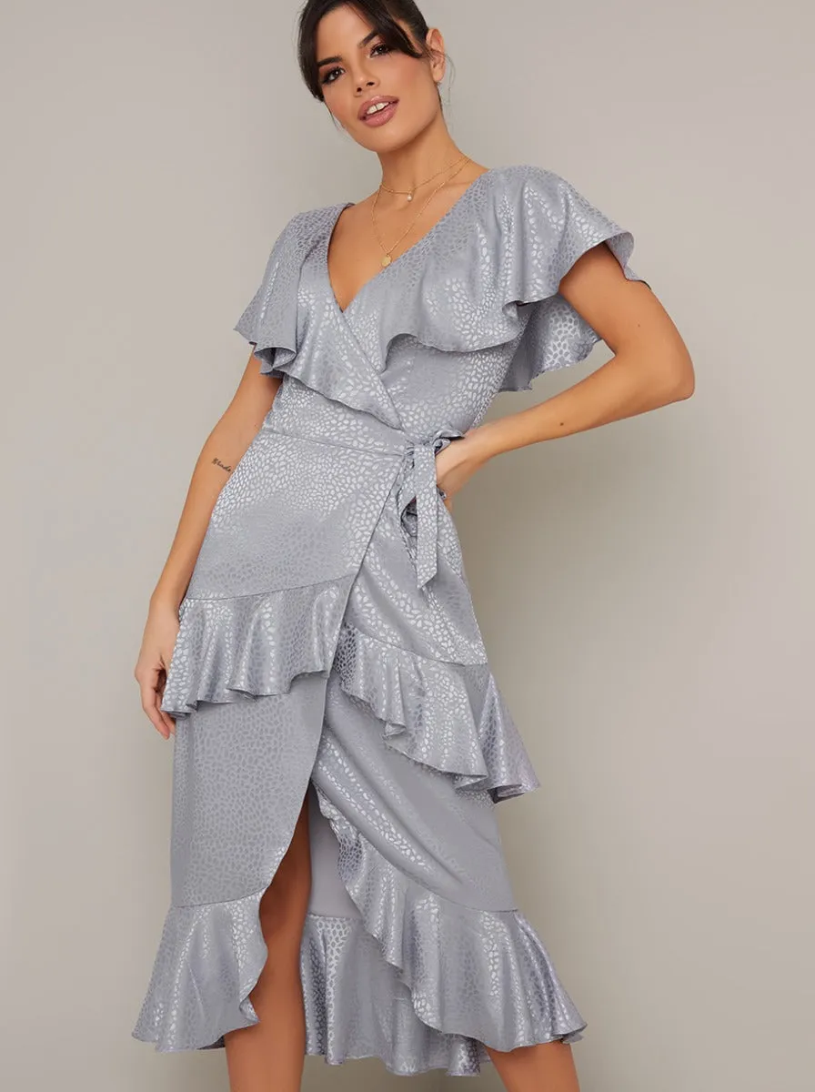 Satin Finish Ruffle Wrap Style Midi Dress in Blue sold by Chi Chi London product image thumbnail 2