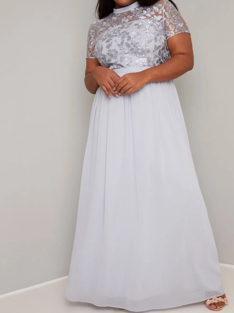 Plus Size High Neck Lace Pleat Maxi Dress in Blue sold by Chi Chi London product image thumbnail 4
