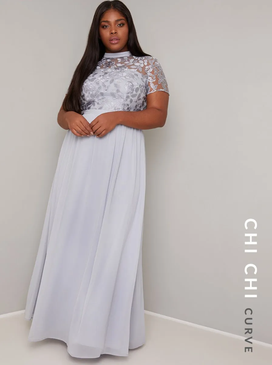 Plus Size High Neck Lace Pleat Maxi Dress in Blue sold by Chi Chi London