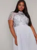 Plus Size High Neck Lace Pleat Maxi Dress in Blue sold by Chi Chi London