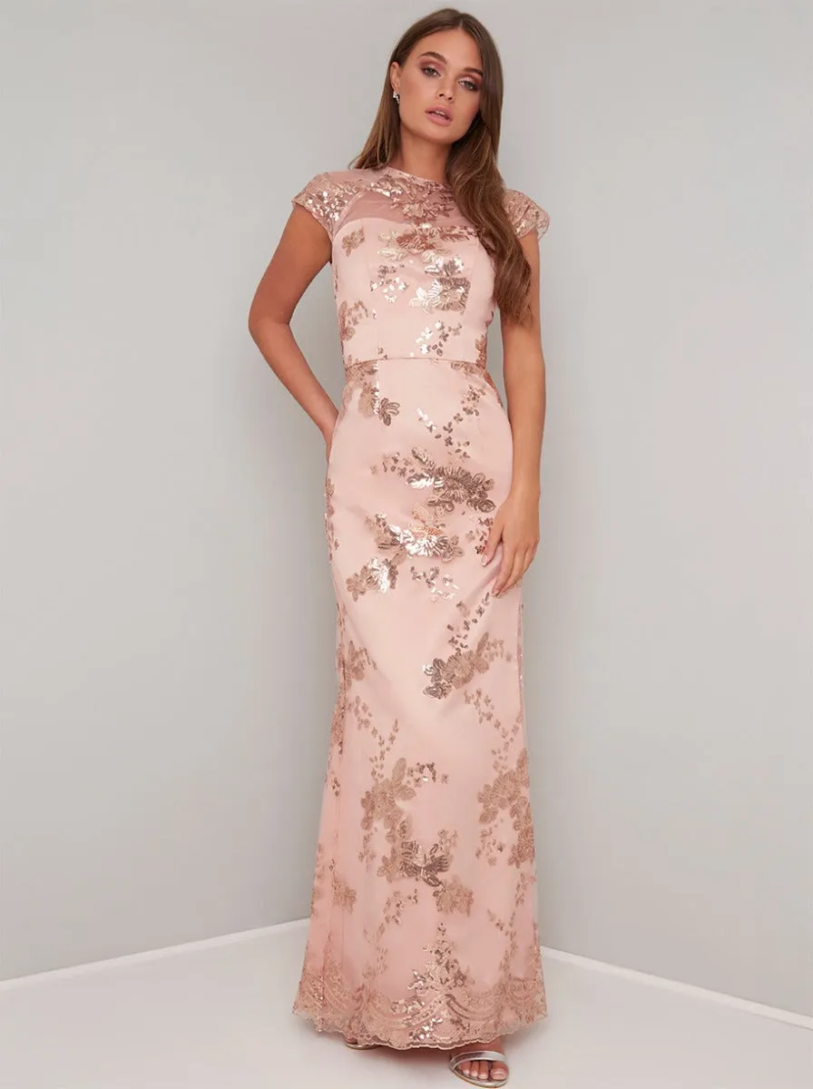 Embellished Cap Sleeved Maxi Dress in Rose Gold sold by Chi Chi London