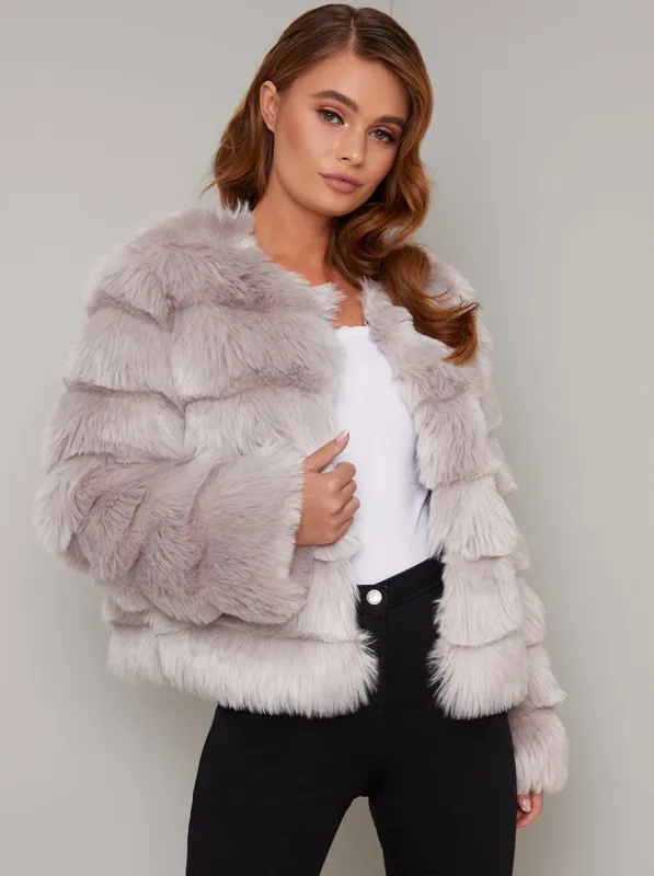 Faux Fur Short Jacket in Grey sold by Chi Chi London